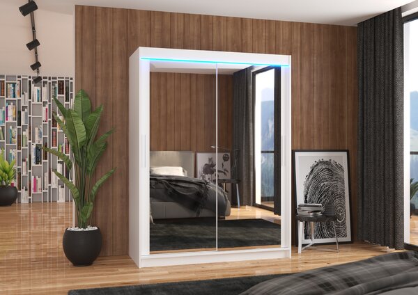 ADRK Šatní zrcadlová skříň posuvná s LED osvětlením PERMO W 150 L, bílá