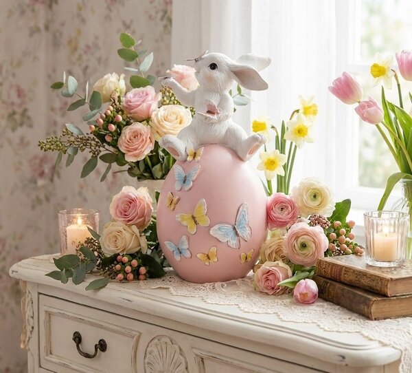 Dekorace králík na růžovém vajíčku s motýlky - 16*15*29 cm - Clayre & Eef