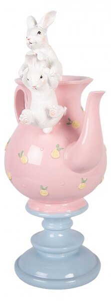 Dekorace králíčci na růžové konvičce na podstavci - 22*14*35 cm - Clayre & Eef