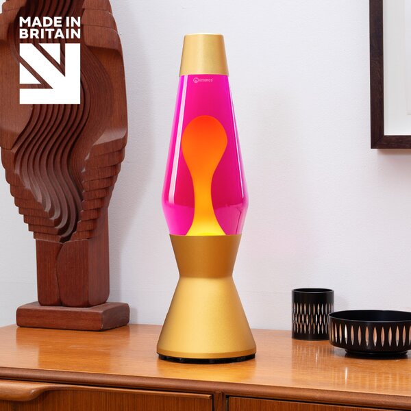 Mathmos Astro Gold, originální lávová lampa, zlatá s růžovou tekutinou a žlutou lávou, 43cm