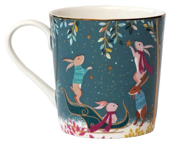 Porcelánový hrnek s 22karátovým zlatem Zimní magie - Sáně s králíky 340 ml