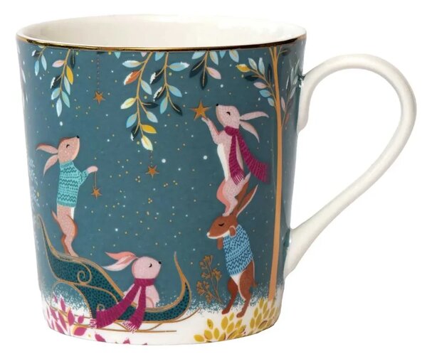 Porcelánový hrnek s 22karátovým zlatem Zimní magie - Sáně s králíky 340 ml