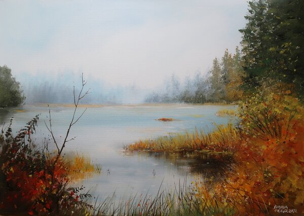 Ručně malovaný obraz od Milan Čihák - "Šumava - Mlha u jezera Laka", rozměr: 70 x 50 cm
