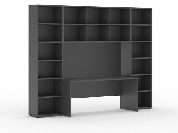 Sestavy knihoven INTEGRO se stolem, vyšší, 2950 x 700/400 x 2300 mm, grafit