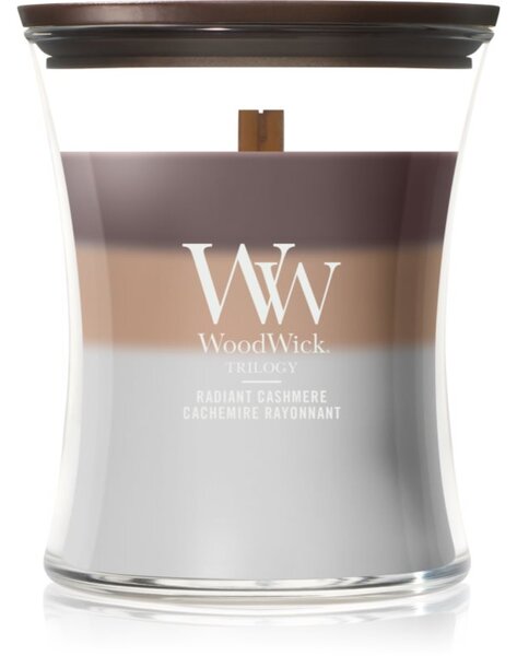Woodwick Trilogy Radiant Cashmere vonná svíčka s dřevěným knotem 275 g