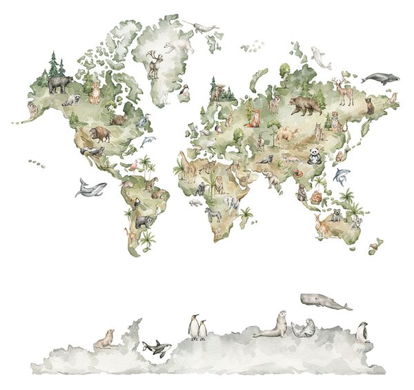 Dětská vliesová obrazová tapeta na zeď, zvířátka, mapa Světa, CW6042-1, Cute Walls, Decoprint