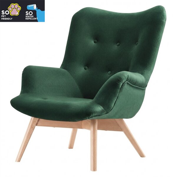 Křeslo ušák TOM | 81 cm | IMPREGNOVANÁ TKANINA | tmavě zelená + bukové nožičky