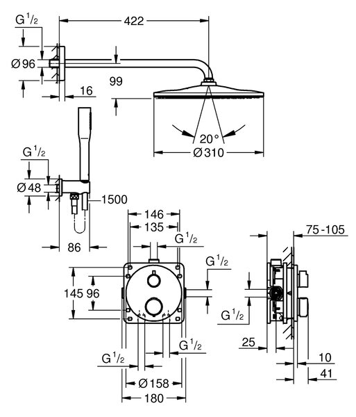 Grohe Vitalio Start sprchová sada pod omítku s termostatem s dešťovou sprchou chrom 34880000