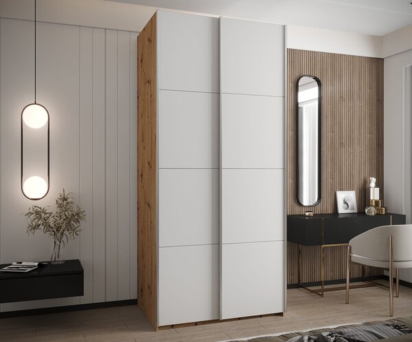 Šatní skříň LUX 1 s posuvnými dveřmi, 100×245,5×64 Dub Artisan / bílá / stříbrné
