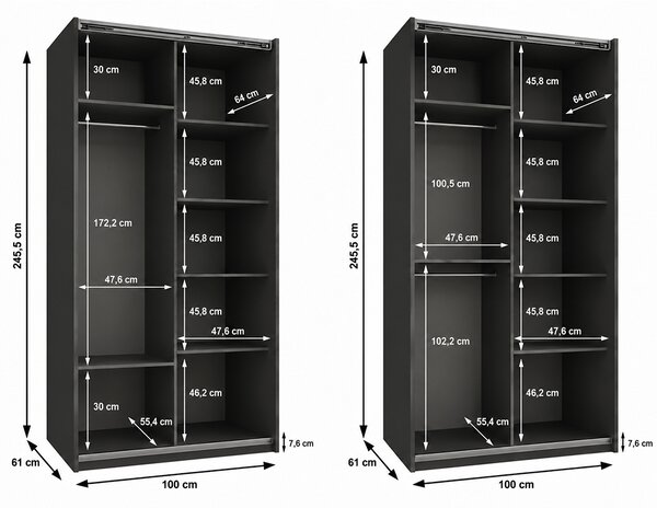 Šatní skříň LUX 1 s posuvnými dveřmi, 100×245,5×64 Černá / černé
