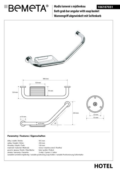 Bemeta Design Madlo, úhlové 135°, s mýdlenkou, nerez, lesk - 106107031