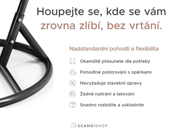 Černé závěsné křeslo KOKON bez stojanu, béžový polštář se vzorem