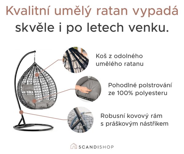 Černé závěsné křeslo KOKON bez stojanu, béžový polštář se vzorem