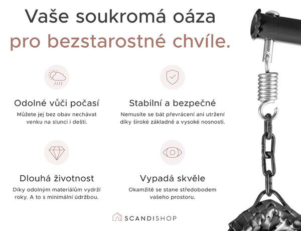 Černé závěsné křeslo KOKON bez stojanu, béžový polštář se vzorem