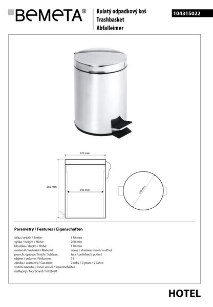 Bemeta Design Odpadkový koš, 3 l, nerez, lesk - 104315022