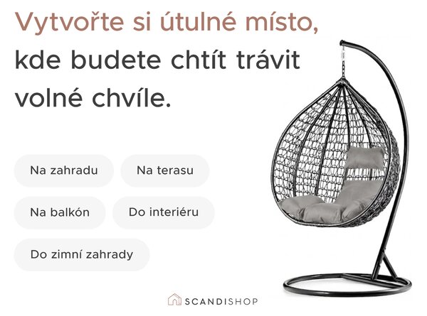 Černé závěsné křeslo KOKON bez stojanu, béžový polštář se vzorem