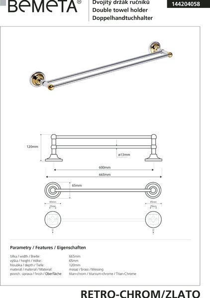 Bemeta Design RETRO gold-chrom: Držák ručníků, 600 mm, dvojitý - 144204058