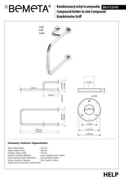 Bemeta Design HELP: Madlo, s dvojitým kotvením, k umyvadlu, levé, s krytkou, lesk - 301112101
