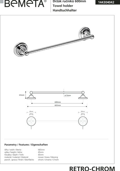 Bemeta Design RETRO chrom: Držák ručníků, 600 mm - 144304042