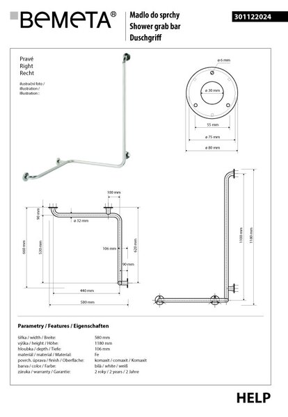Bemeta Design HELP: Madlo, ve tvaru L, rohové, pravé, bez krytky, bílá - 301122024