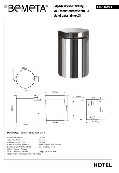 Bemeta Design Odpadkový koš, 3 l, nerez, lesk - 125115051