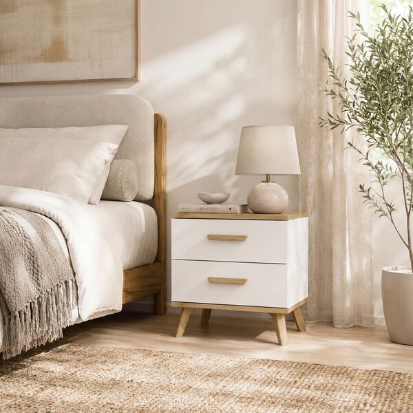 TP Living Noční stolek Olympo 2S 45 cm bílý/dub Artisan
