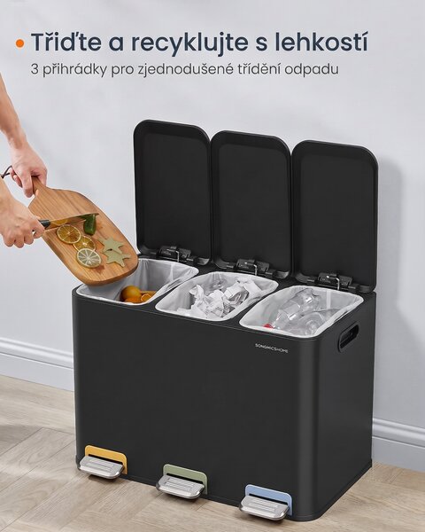 SONGMICS Odpadkový koš s víkem Bliss 3x15 l černý