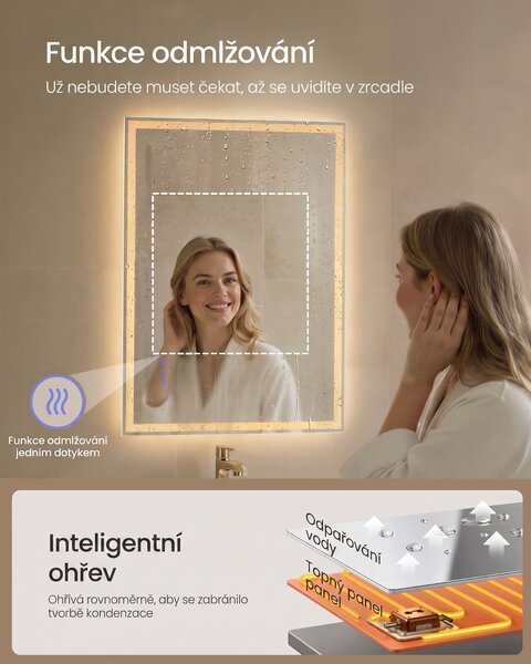 SONGMICS Dotykové obdélníkové nástěnné zrcadlo s LED osvětlením Bivo 50,7 cm bílé