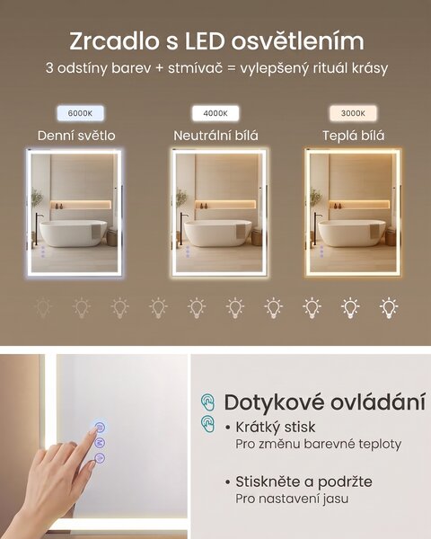 SONGMICS Dotykové obdélníkové nástěnné zrcadlo s LED osvětlením Bivo 50,7 cm bílé