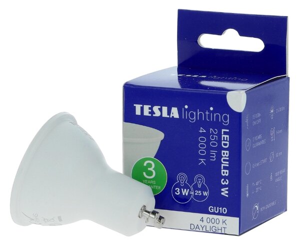 TESLA lighting Tesla - LED žárovka GU10, 2,9W, 230V, 250lm, 25 000h, 4000K denní bílá, 100st