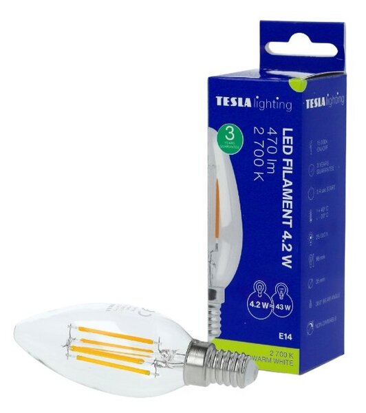 TESLA lighting Tesla - LED žárovka CRYSTAL RETRO svíčka E14, 4W, 230V, 470lm, 15 000h, 2700K teplá bílá, 360°čirá