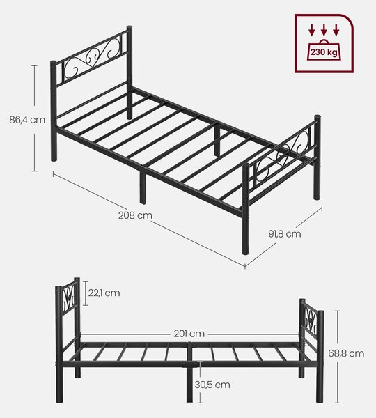 KOVOVÁ POSTEL, 90/200 cm černá Boxxx - Jednolůžkové postele, Online Only