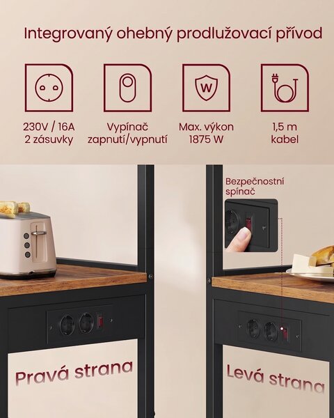 SONGMICS Kuchyňský regál s napájecí stanicí Vasagle Berry 45 cm černý/hnědý