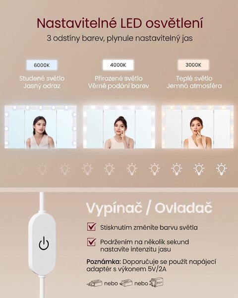 SONGMICS Toaletní stolek s LED osvětlením a nabíjecí stanicí Vasagle Niro 107 cm bílý
