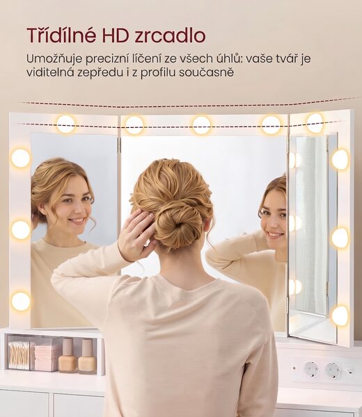SONGMICS Toaletní stolek s LED osvětlením a nabíjecí stanicí Vasagle Niro 107 cm bílý