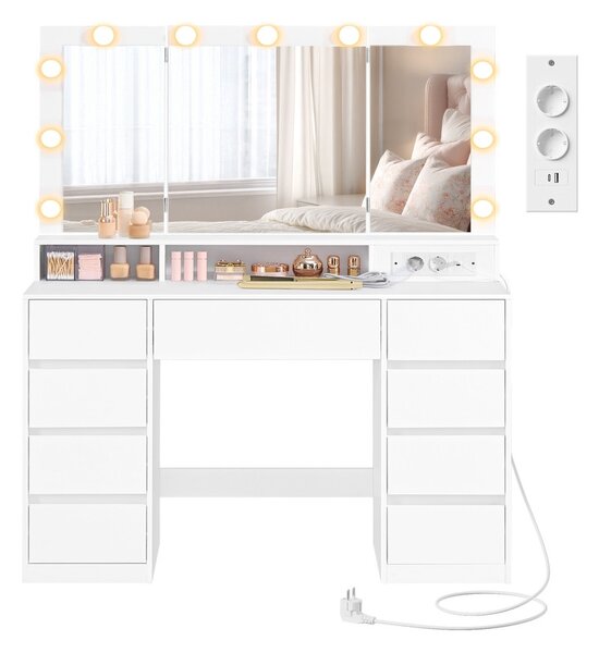 SONGMICS Toaletní stolek s LED osvětlením a nabíjecí stanicí Vasagle Niro 107 cm bílý