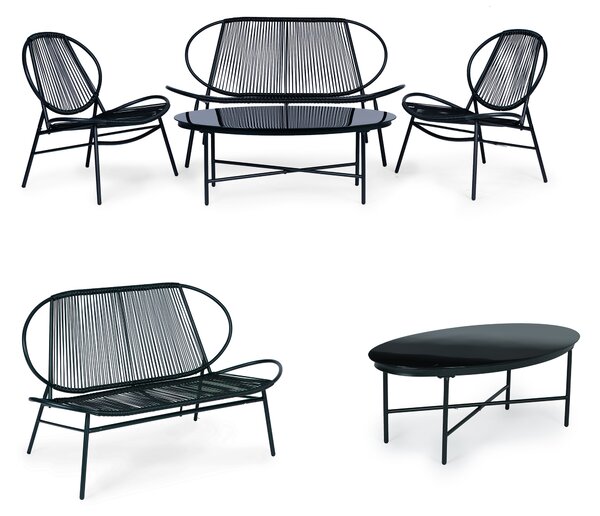 Komplet mebli ogrodowych z rattanu metalu krzesła ławka i stolik czarny