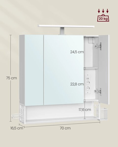 SONGMICS Koupelnová skříňka se zrcadlem a integrovanou nabíjecí stanicí a LED osvětlením Vasagle Elory 70 cm bílá