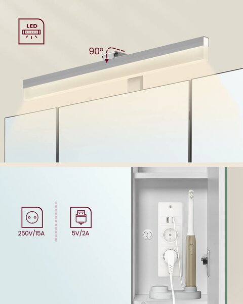 SONGMICS Koupelnová skříňka se zrcadlem a integrovanou nabíjecí stanicí a LED osvětlením Vasagle Elory 70 cm bílá