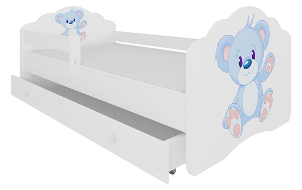 ADRK Postel CASIMO BLUE BEAR, CH-Cas-Barri-Blu-Bea-140-E125, 140x70 cm se zásuvkou, zábradlím a matrací, bílá/grafika