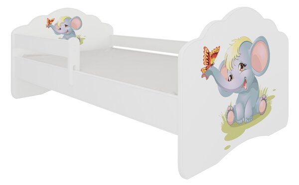 ADRK Postel CASIMO ELEPHANT, CH-Cas-Barr-Elep-140-E021, 140x70 cm se zábradlím a matrací, bílá/grafika