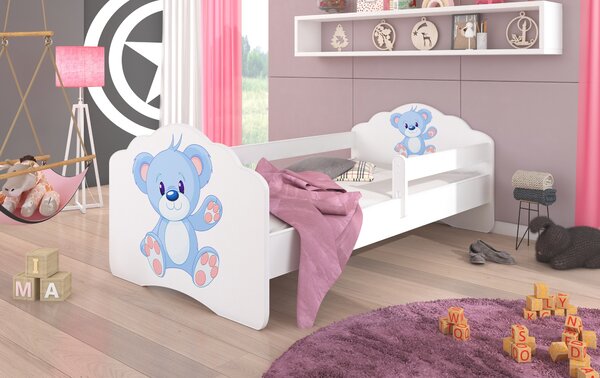 ADRK Postel CASIMO BLUE BEAR, CH-Cas-Barr-Blue-Bea-E033, 140x70 cm se zábradlím a matrací, bílá/grafika