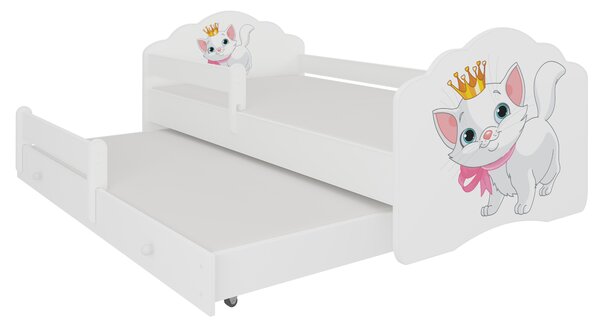 ADRK Rozkládací postel CASIMO II CAT, CH-Cas-II-Bar-Cat-E112, 160x80 cm se zábradlím a matrací, bílá/grafika