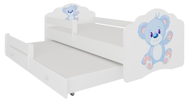 ADRK Rozkládací postel CASIMO II BLUE BEAR, CH-Cas-II-Bar-Blu-E116, 160x80 cm se zábradlím a matrací, bílá/grafika