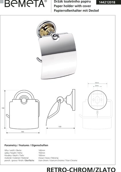 Bemeta Design RETRO gold-chrom: Držák toaletního papíru, s krytem - 144212018