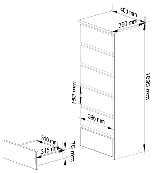 Komoda 3xEliving, příborník se 6 zásuvkami (š:40 cm x v:109 cm x h:35 cm) v grafitově šedé barvě