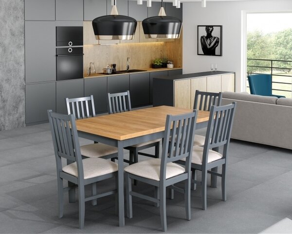 Drewmix jídelní sestava DX 5 + odstín lamina (deska stolu) sonoma, odstín dřeva (židle + nohy stolu) grafit, potahový materiál látka