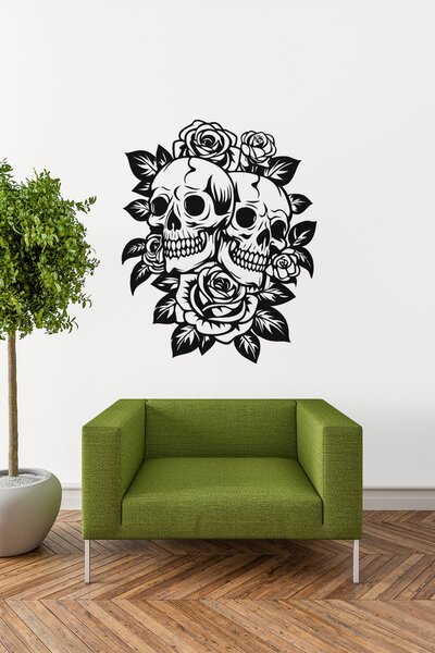 Halloweenské lebky s růžemi #1 | samolepka na zeď, různé rozměry - Černá, 20x25 cm