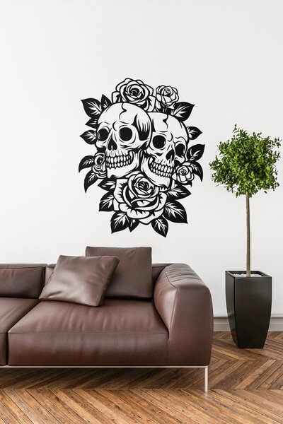 Halloweenské lebky s růžemi #1 | samolepka na zeď, různé rozměry - Černá, 20x25 cm
