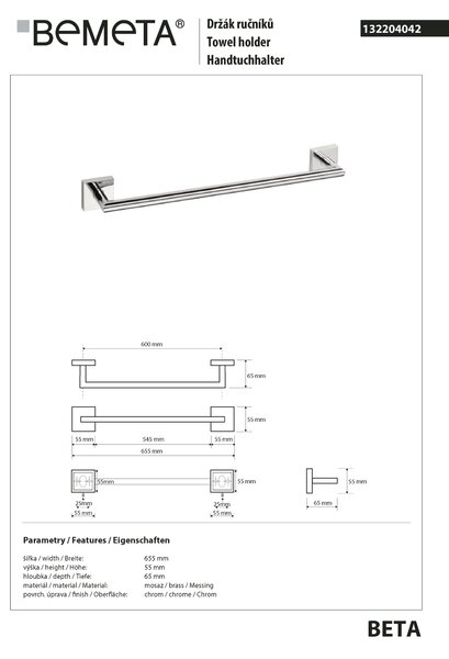 Bemeta Design BETA: Držák ručníků, 600 mm - 132204042